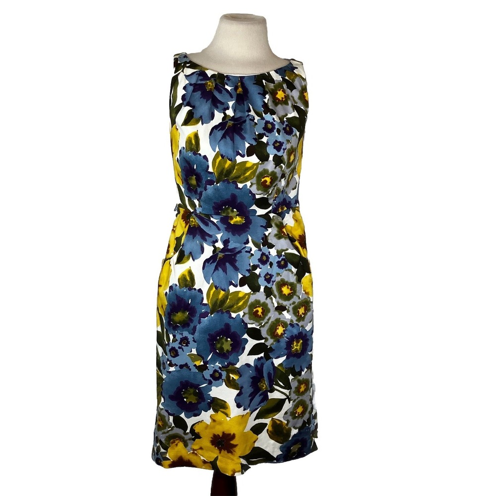 Nine West A-Line Dress Size 2 Floral Sleeveless Gold Blue Business